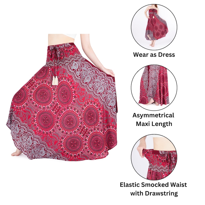 Pode incluir: Uma saia maxi vermelha com estampa de mandala branca e cinza. A saia tem cintura el&aacute;stica franzido com cord&atilde;o e uma bainha assim&eacute;trica. Pode ser usada como vestido.
