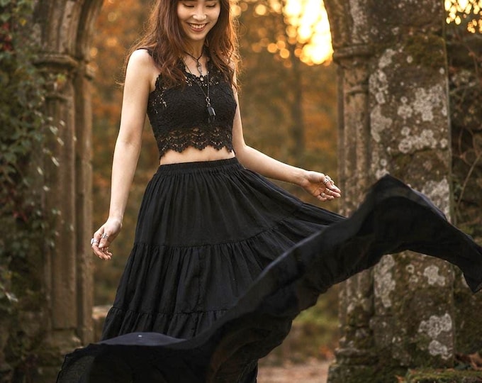 Black Gothic Maxi Skirt Ideal Halloween Costume - Long Ruffle Witch Skirt - Boho Flowy Fall Fashion Cotton Skirt - Plus Size Womens Clothing