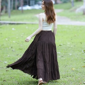 WOMENS BROWN LONG Cotton Ruffle Skirt Full Circle Long Maxi Skirt Comfortable Elastic Waist Bohemian Skirt Flowy Boho Fall Dress zdjęcie 3