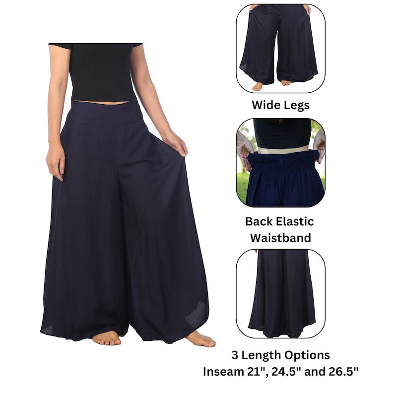 K&ouml;nnte beinhalten: Marineblaue, weit geschnittene Palazzo-Hose mit elastischem Bund hinten. Die Hose ist in drei Schrittl&auml;ngen erh&auml;ltlich: 53 cm, 62 cm und 67 cm.