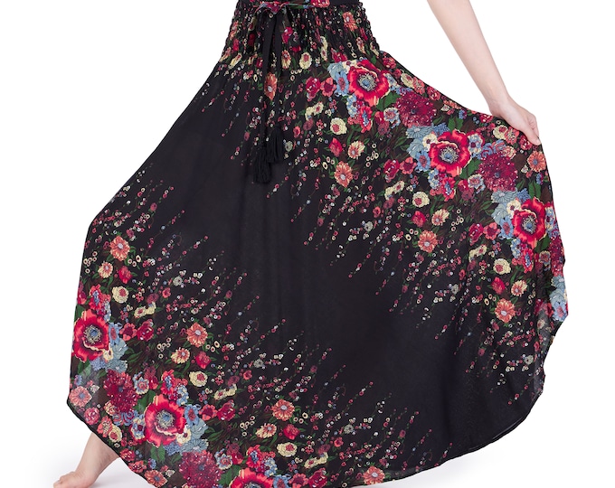 Floral Rayon Maxi Skirt: Smocked Waist Boho Hippie Style