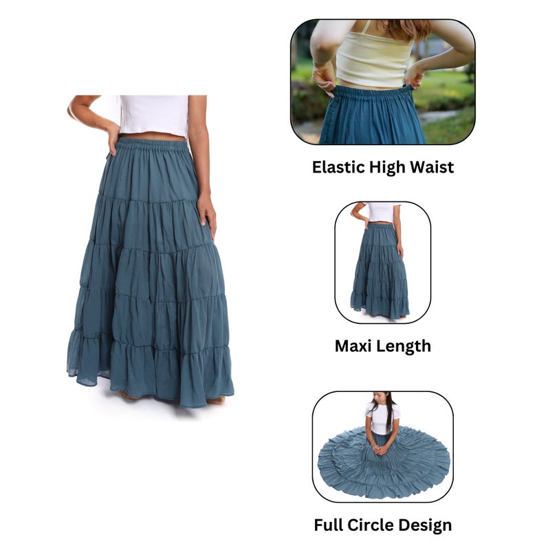 WOMENS LONG COTTON Ruffle Skirt Dark Grey Full Circle Long Maxi Skirt Comfortable Elastic Waist Bohemian Fall Skirt Flowy Boho Dress image 7