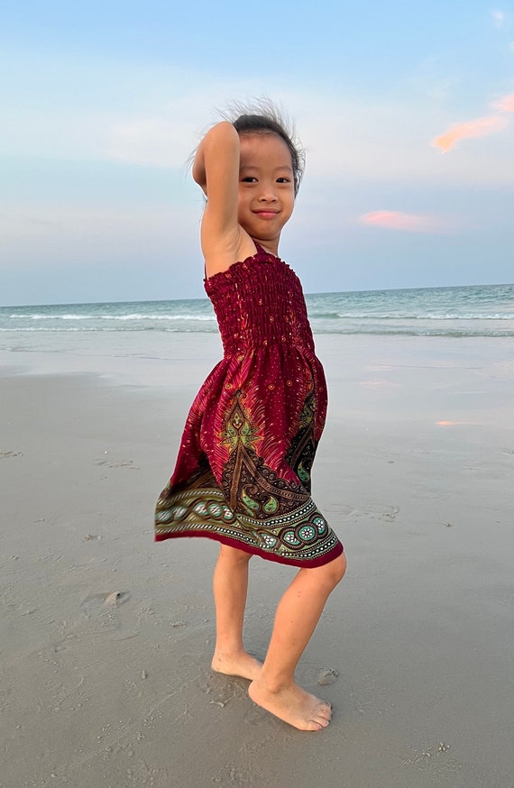 Girls' Burgundy Peacock Rayon Sundress: Boho Summer Dress