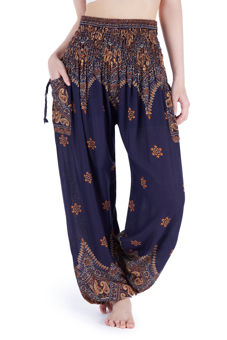 Sarouel bleu pour femme, pantalon de yoga fluide, vêtements bohèmes tailles Petite à grande taille, pantalon bohème avec poches, vêtements hippies d'été image 2