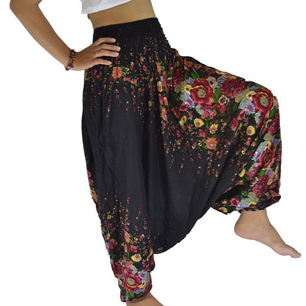 ALADDIN HAREMSHOSE - Boho Yoga Hose - Frauen Blume gedruckt Yoga Hose mit weitem Bein - Kleidung für Erwachsene - Hose mit tiefem Schritt