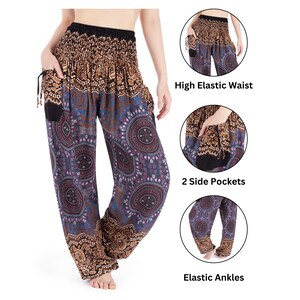 May include: Bohemian-style pants with a high elastic waist, two side pockets, and elastic ankles. The pants feature a brown, blue, and purple mandala pattern. The image also highlights the features: "High Elastic Waist", "2 Side Pockets", and "Elastic Ankles".