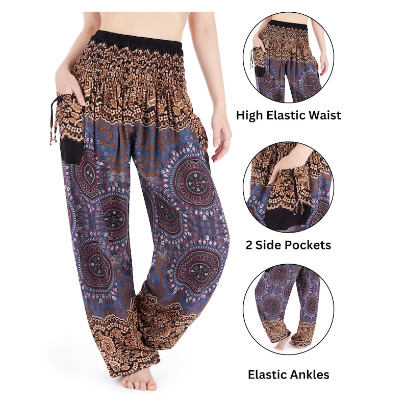 May include: Bohemian-style pants with a high elastic waist, two side pockets, and elastic ankles. The pants feature a brown, blue, and purple mandala pattern. The image also highlights the features: "High Elastic Waist", "2 Side Pockets", and "Elastic Ankles".