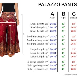 K&ouml;nnte beinhalten: Eine Gr&ouml;&szlig;entabelle f&uuml;r Palazzo-Hosen mit Ma&szlig;en in Zoll f&uuml;r Taille, H&uuml;fte, Schrittl&auml;nge und Gesamtl&auml;nge. Die Tabelle umfasst die Gr&ouml;&szlig;en klein, mittel, gro&szlig; und extra gro&szlig;, mit verschiedenen L&auml;ngen f&uuml;r jede Gr&ouml;&szlig;e.