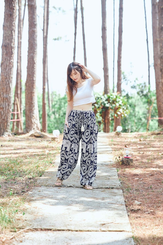 DARK BLUE ELEPHANT Boho Pantalones Hippie Yoga Harem Pantalones Festival Wear Pantalones Tailandia Cintura con cordon Pantalones de talla grande Boho Etsy Mexico