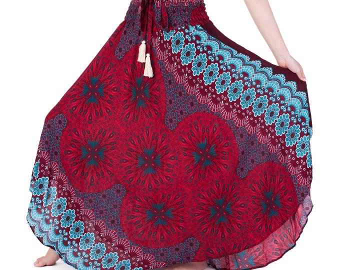 Red Rayon Maxi Skirt: Smocked Waist Boho Hippie Clothes