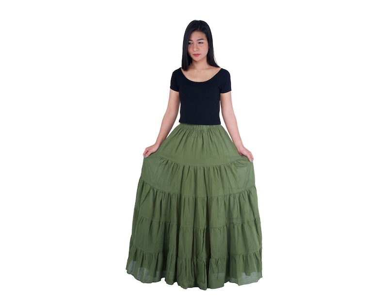 WOMENS GREEN LONG Cotton Ruffle Skirt Full Circle Long Maxi Skirt Comfortable Elastic Waist Bohemian Fall Skirt Flowy Halloween Dress zdjęcie 2