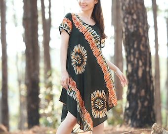 Handmade Rayon Boho Dress: Green Print Sundress with Pockets