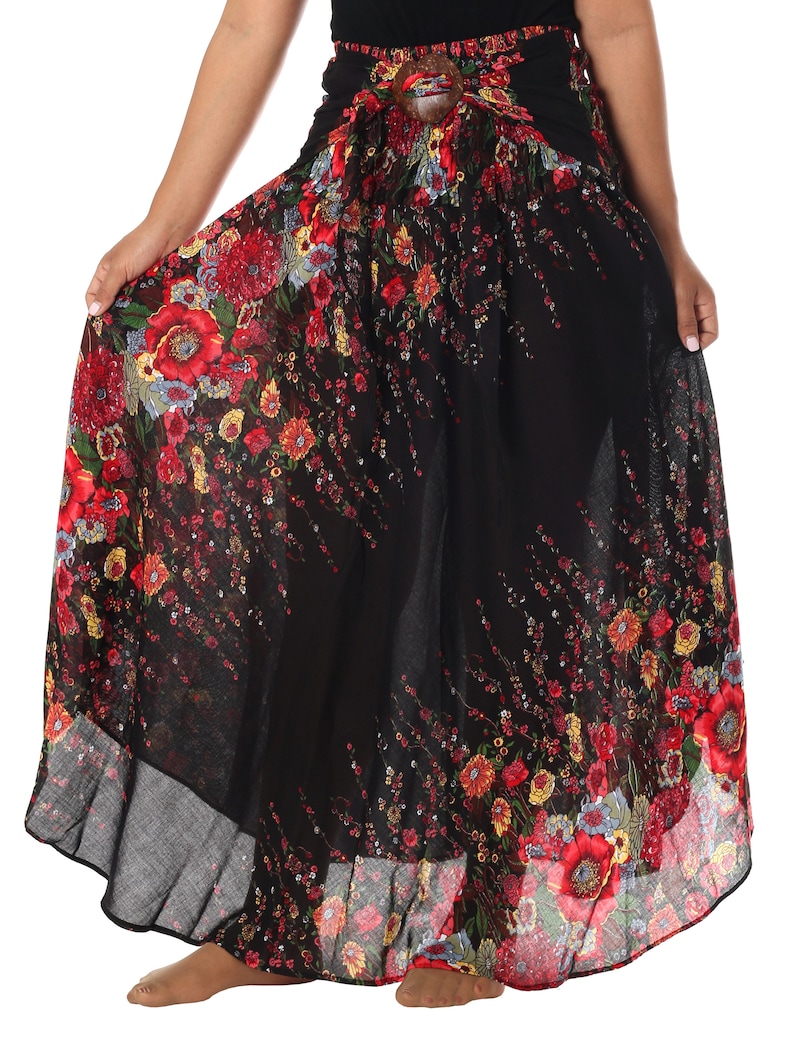 FLORAL BOHO SKIRT - Long Black Bohemian Maxi Skirt - Women Hippie Style Rayon Maxi Dress - Elastic Waistband Skirt