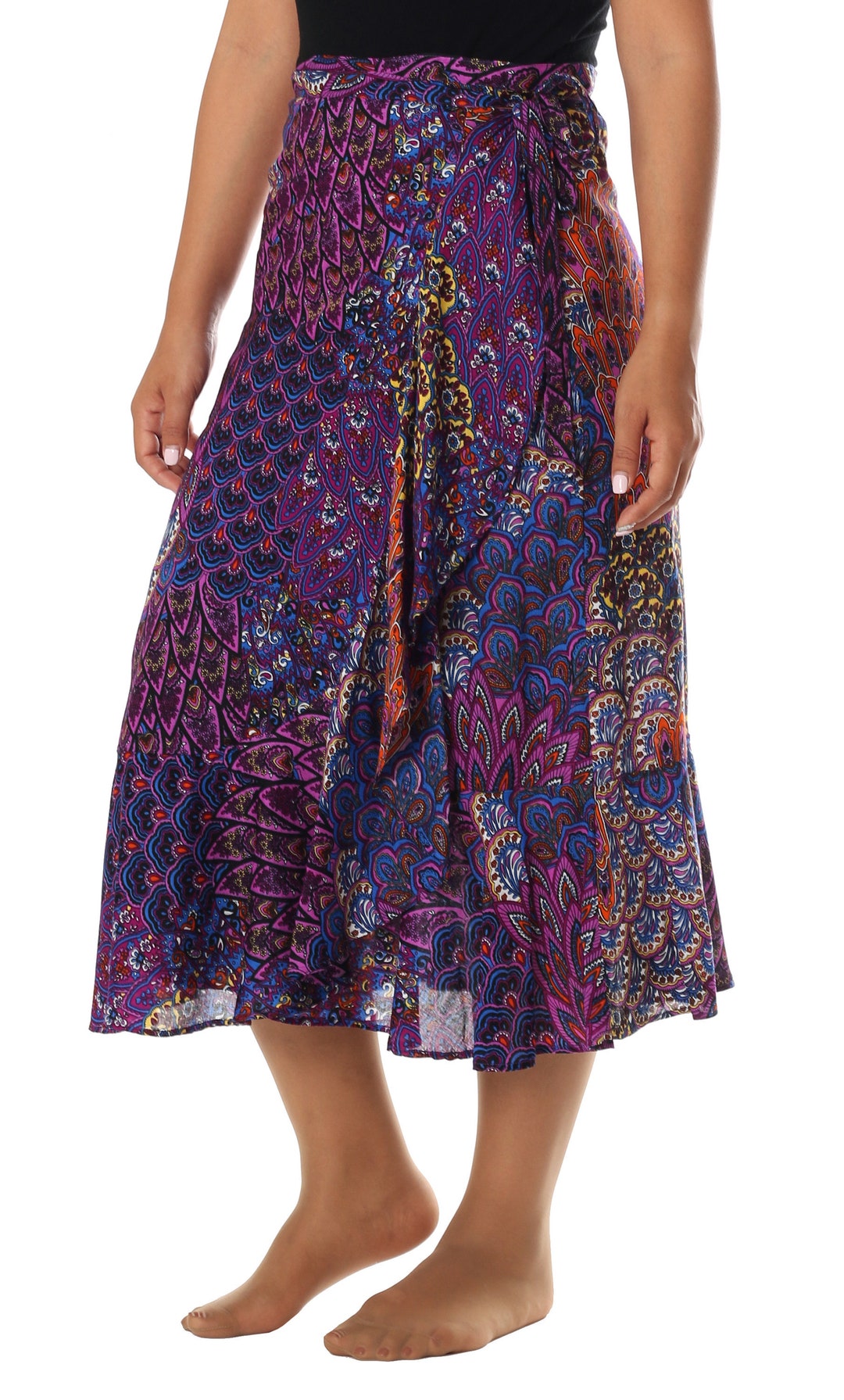 BOHO MIDI SKIRT Women Wrap Skirt Knee Length Gypsy Bohemian Summer High ...