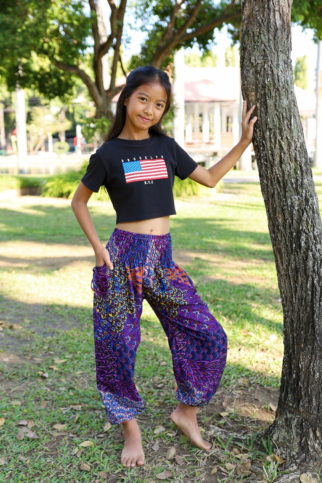 Kids Purple Harem Pants: Lightweight Rayon Boho Trousers