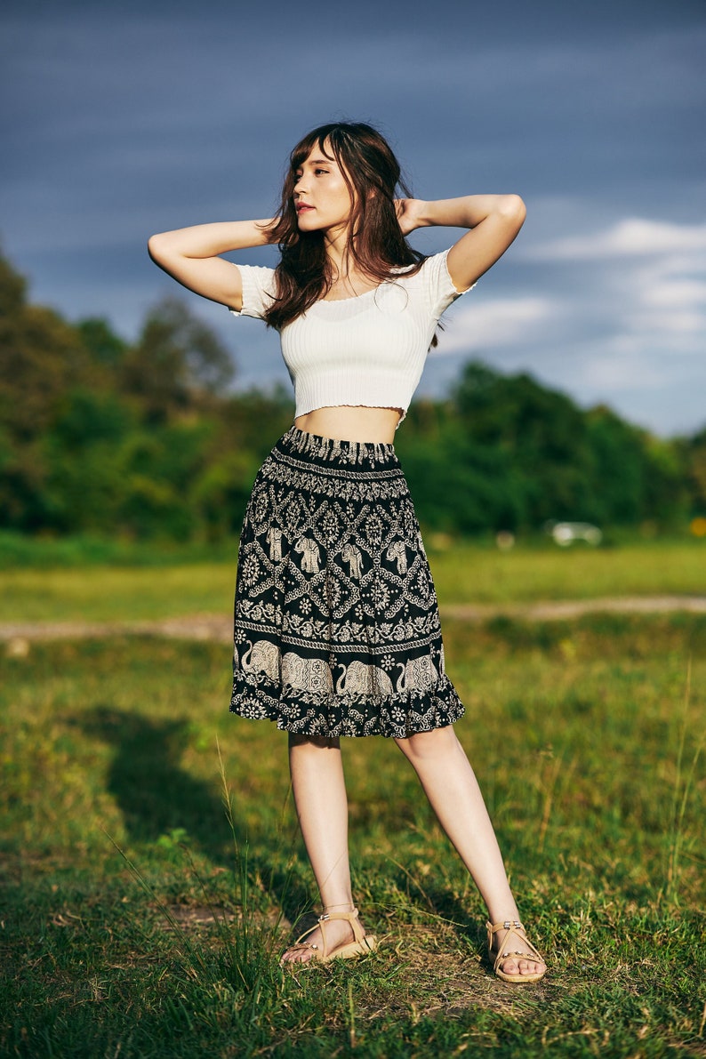 Black Midi Skirt for Women High Waisted Hippie Skirt Womens Knee Length Skirt Boho Skirt image 3