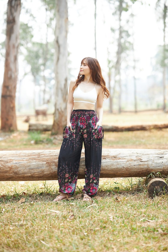 Buy Black Boho Pants for Women Flowy Yoga Pants Small to Plus Sizes Harem  Pants Long Thai Pants Baggy Summer Pants for Beach Online in India 