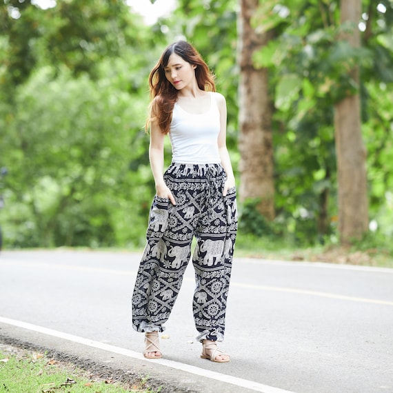 Women's Elephant Hippie Boho Yoga Harem Pants with Elastic Waist and Pockets