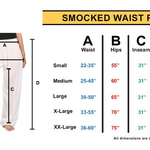May include: White smocked waist pants with a size chart. The chart shows waist, hip, inseam, and total length measurements in inches for sizes small to XX-Large. The pants have pockets.