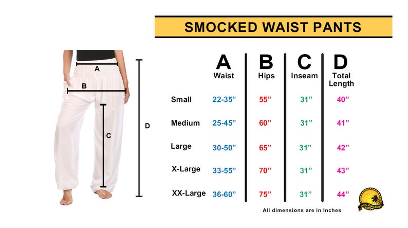 May include: White smocked waist pants with a size chart. The chart shows waist, hip, inseam, and total length measurements in inches for sizes small to XX-Large. The pants have pockets.