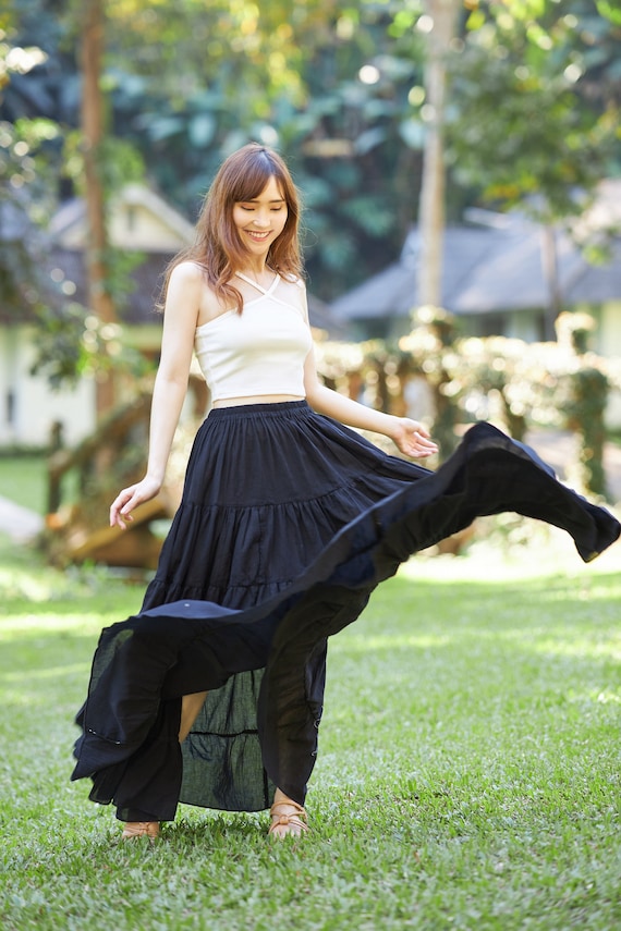 Women Black Maxi Skirt Flowy Long Halloween Dress Soft Comfy Plus