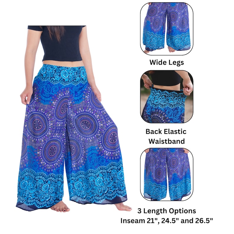 May include: Wide-leg pants with a blue and purple mandala print. The pants have an elastic waistband and are available in three inseam lengths: 21 inches, 24.5 inches, and 26.5 inches.