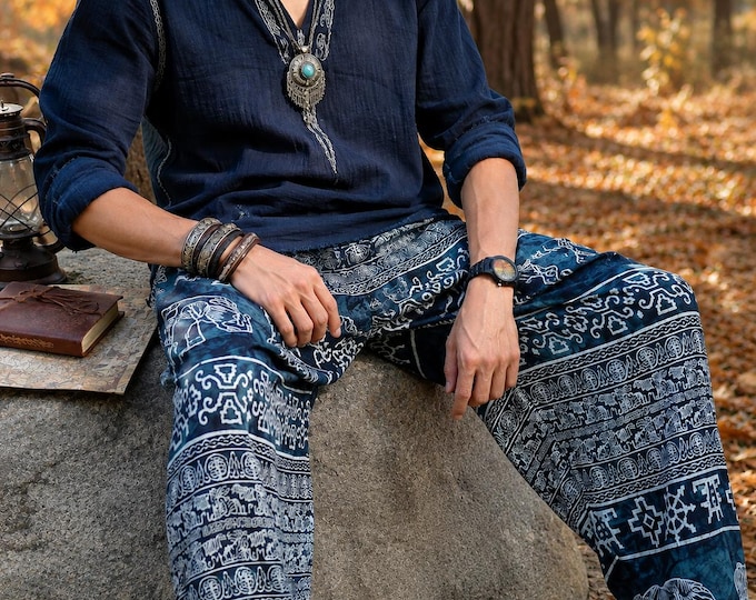 Mens Elephant Harem Pants Pirate Halloween Costume - Boho Genie Festival Trousers - Blue Thai Hippie Pants For Fortune Teller Outfit