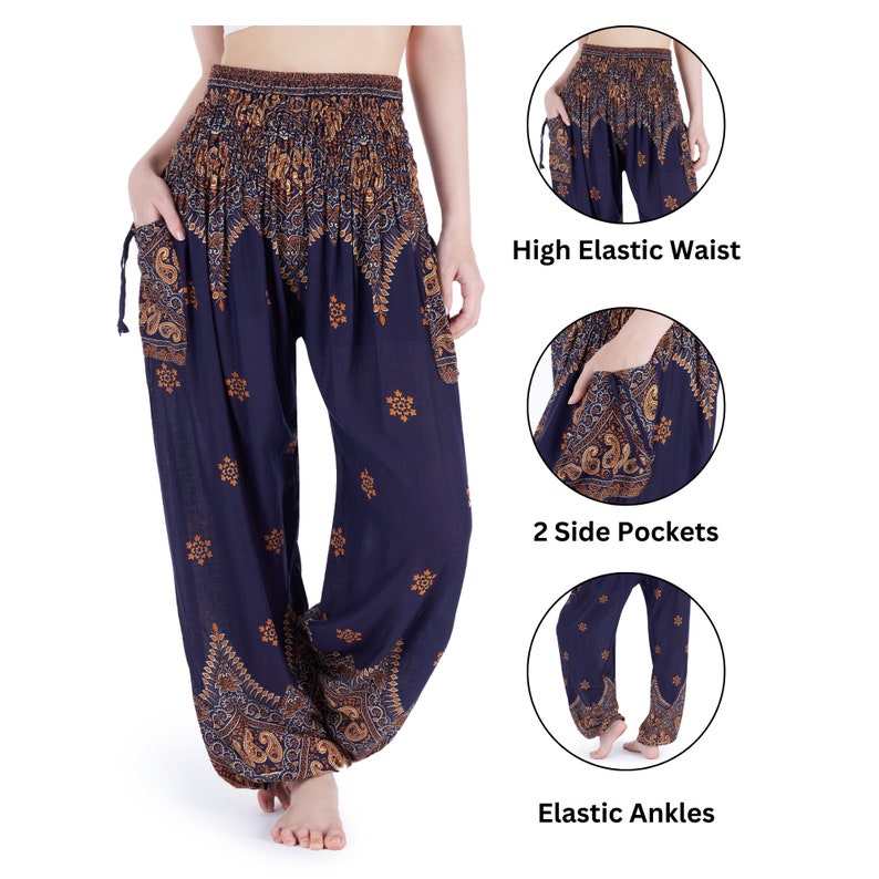 Sarouel bleu pour femme, pantalon de yoga fluide, vêtements bohèmes tailles Petite à grande taille, pantalon bohème avec poches, vêtements hippies d'été image 4