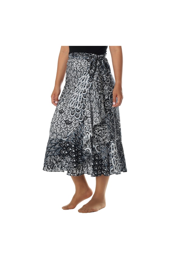 Black Peacock Print Midi Skirt: Boho Rayon Wrap Dress