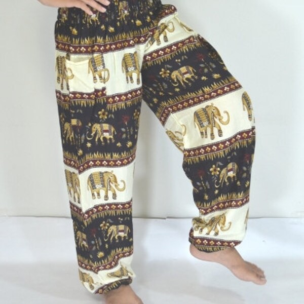 Thai Yoga Pants Black cream color/Harem Pants/Boho/Elephant Print design/Drawstring elastic waist/Comfortable wear/Trousers/Handmade/Baggy.