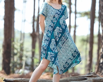 Teal Elephant Print Rayon Dress: Boho Sundress with Pockets