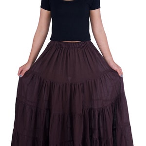 WOMENS BROWN LONG Cotton Ruffle Skirt Full Circle Long Maxi Skirt Comfortable Elastic Waist Bohemian Skirt Flowy Boho Fall Dress zdjęcie 2