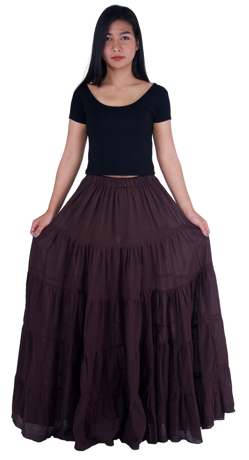 WOMENS BROWN LONG Cotton Ruffle Skirt Full Circle Long Maxi Skirt Comfortable Elastic Waist Bohemian Skirt Flowy Boho Fall Dress image 2