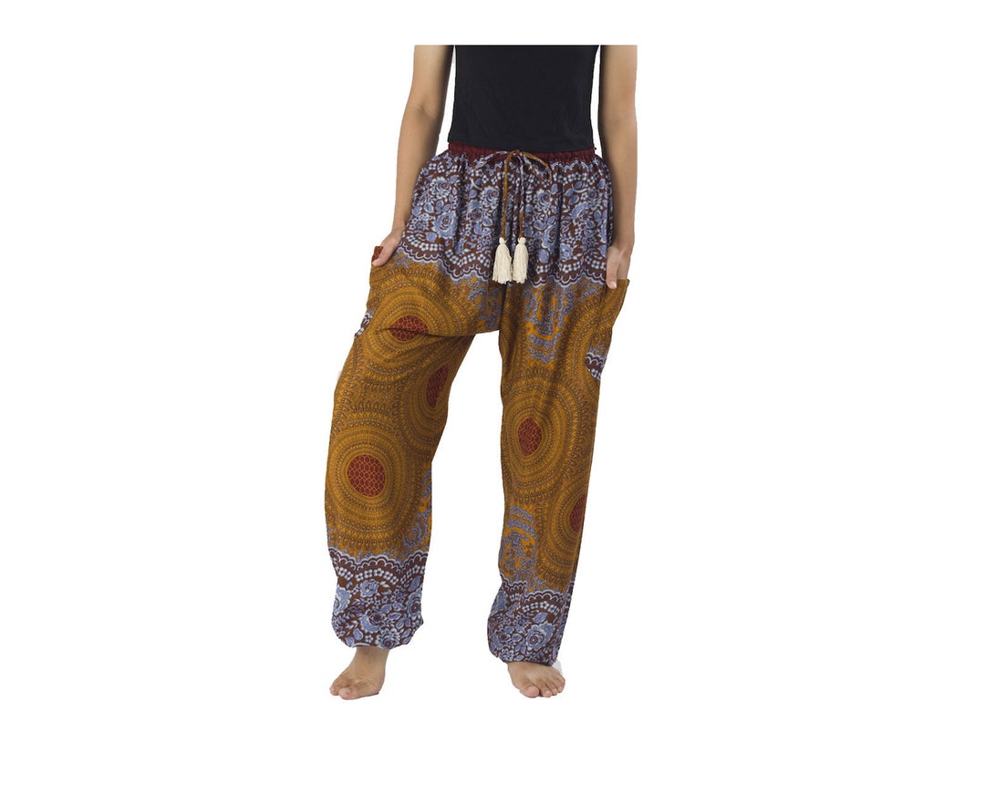 BROWN Hippie Pants Boho Pants S M L XL XXL Rose Mandala Festival & Yoga ...