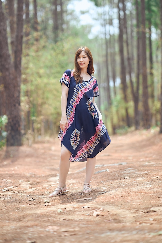 Handmade Dark Blue Rayon Dress: Bohemian Festival Sundress with Pockets