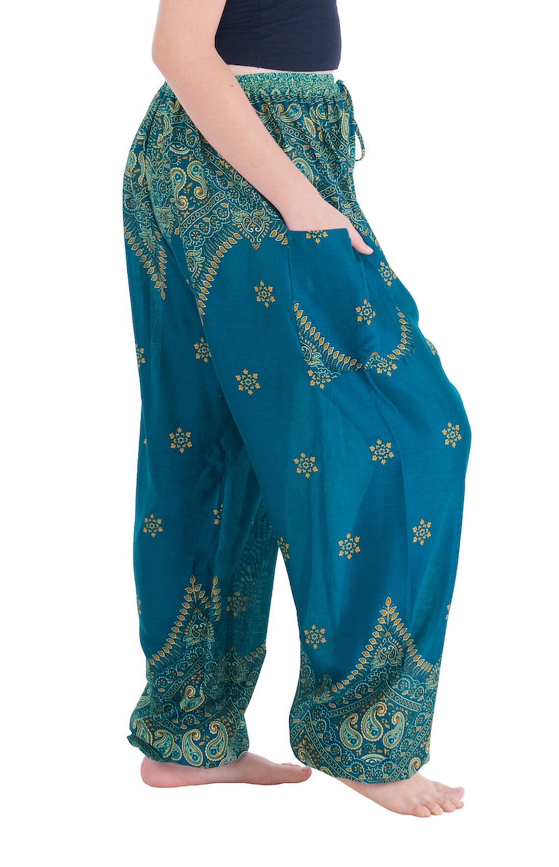 PATTERNED HAREM LOW CROTCH PANTS TEAL