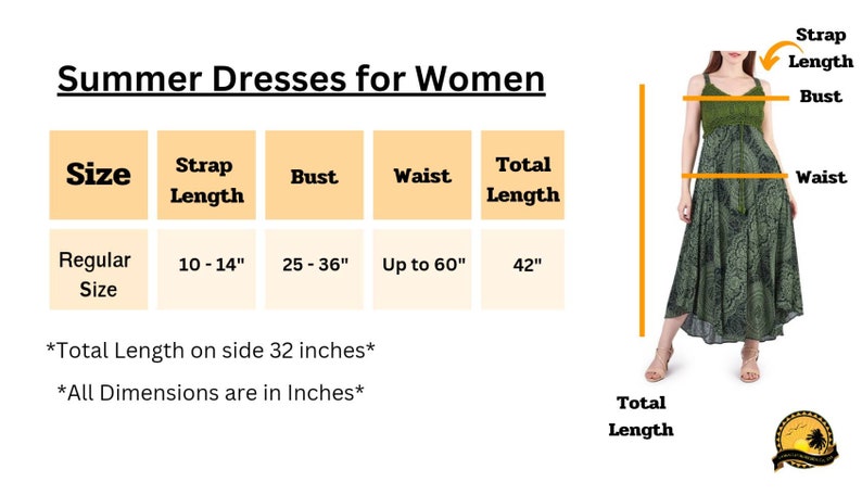 以下が含まれることがあります： 夏のドレスのサイズ、ストラップの長さ、バスト、ウエスト、総丈を示す表。表はインチで測定値を示しています。ドレスは、測定値がラベル付けされたモデルに表示されています。