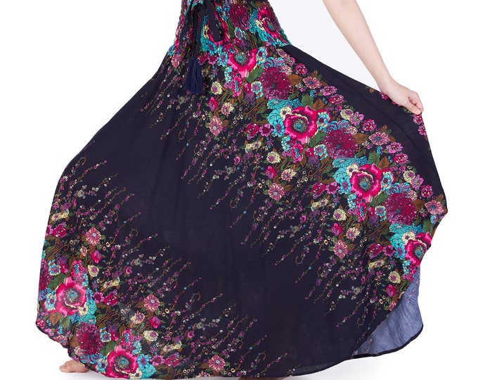Boho Maxi Skirt: Dark Blue Rayon, Smocked Waist, Plus Size