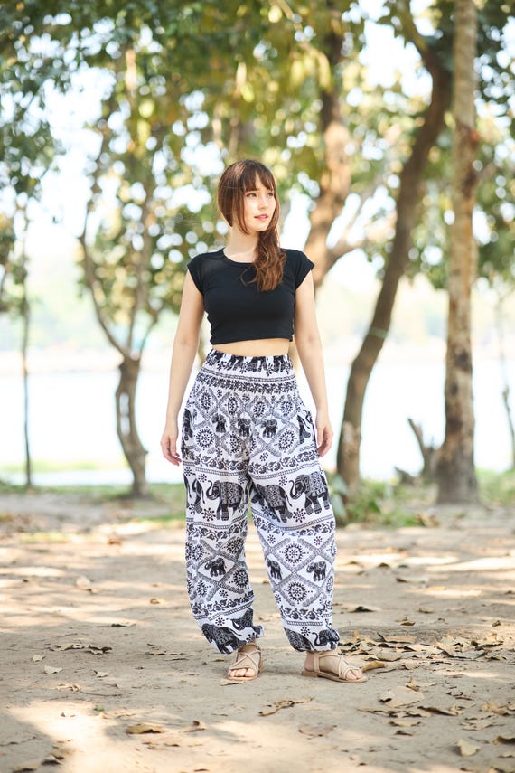 White Black Elephant Harem Pants Women - Lightweight Smocked Waist