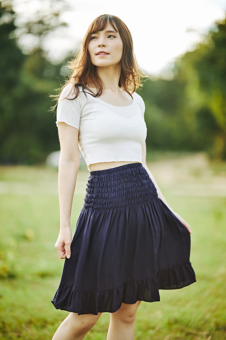 HIGH WAISTED Women Boho Ruffle Mini Skirts for Trendy Girls with Flowy Hippie Skirt - Solid Dark Blue Printed Skater Skirt