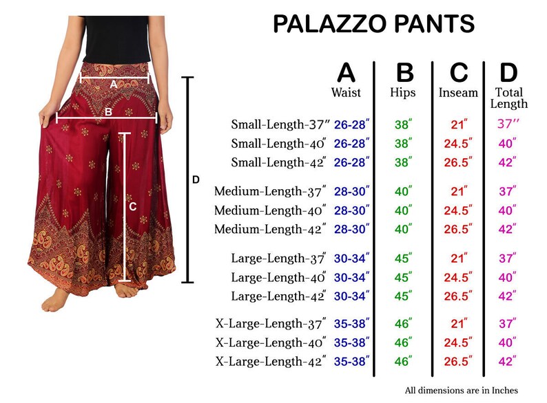 May include: A size chart for palazzo pants with measurements in inches for waist, hips, inseam, and total length. The chart includes sizes small, medium, large, and extra large, with different lengths for each size.