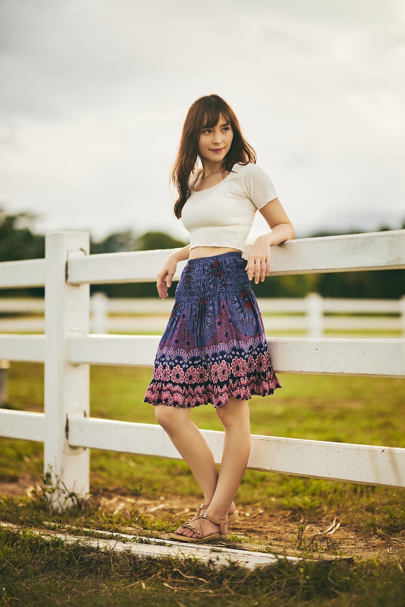 Dark Blue Boho Skirt Knee length Skirt for Women Mini Skirts Trendy Girls Bohemian Style Flowy Skort - Floral Print Skater Skirt Midi Skirt