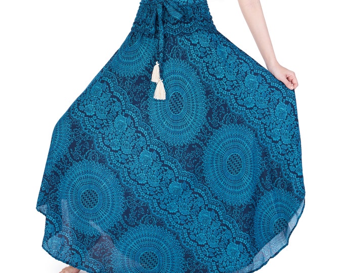 Handmade Teal Rayon Maxi Skirt: Bohemian Smocked Waist Long Dress