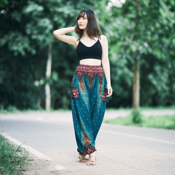 HAREM PANTS Women Boho Lounge Pants Teal Flowy Gypsy Bottoms - Etsy