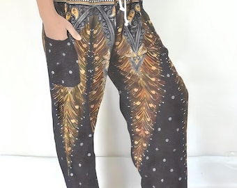 Black Peacock Harem Pants: Boho Rayon Yoga Trousers