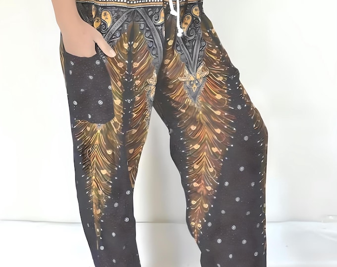 Black Peacock Harem Pants: Boho Rayon Yoga Trousers