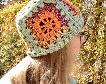 Granny Square Hat,  Sage Green and Autumn Colors granny square beanie