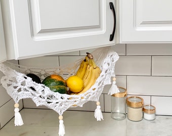 Crochet Fruit Hammock, White Cotton Hanging Basket for Kitchen, 4 ring colors