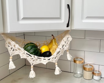 Handmade Crochet Fruit Hammock, Cream Cotton Kitchen Storage, Boho Decor (16" Wide)