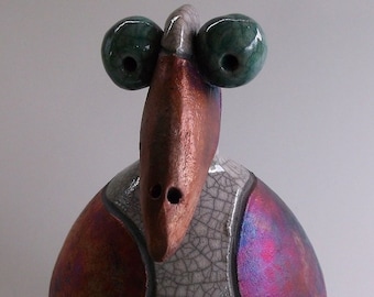 Pájaro piquero de patas azules de 7 pulgadas de alto, cerámica Raku, envío gratuito